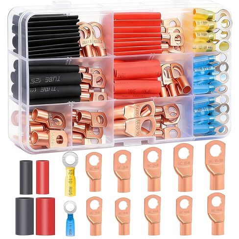Twidec/110PCS Battery Cable Ends AWG 2 4 6 8 10 12 14 16 Gauge Copper Cable Wire Lugs,Ring Terminals Connectors,Copper Ring Terminals with Heat Shrink N-067-110PCS in Kuwait