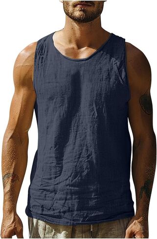 Men's Retro Sleeveless Top Cotton Linen Fitness Sports Solid Color Round Neck Vest Breathable Gym Workout Tank Tops in Saudi Arabia