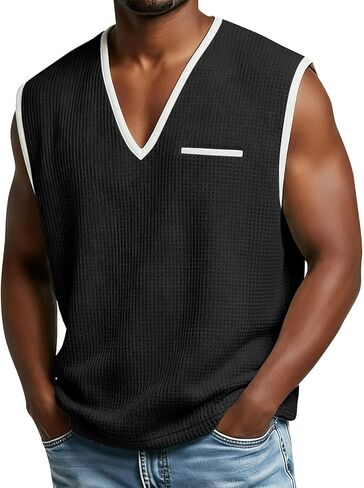 Men's Color Block V-Neck Vest Sleeveless Waffle Casual Fashion Tank Top Breathable Lightweight Summer Training Shirts in Saudi Arabia