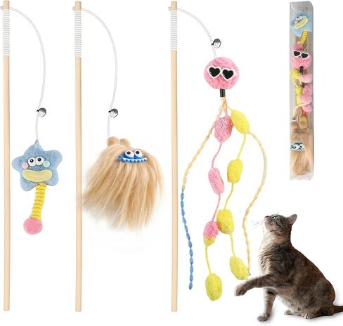 Elastic Plush Cat Wand Toy Funny Interactive Cat Fishing Pole Toy with Bell Soft Natural Wood Kitten String Toys for Indoor Cats Kittens Bored Cats (3 Pack) in Saudi Arabia