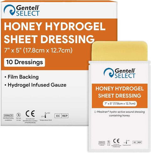 ضمادة هيدروجيل بالعسل مقاس 17.78 سم × 12.7 سم - 10 ورقات هيدروجيل مع عسل طبي بنسبة 30% للجروح - جيد للقروح والجروح الجراحية ومواقع المتبرعين والجروح والسحجات والمزيد in Kuwait