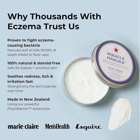 كريم سفين آيلاند ميراكل مانوكا (8.8 أونصة) | كريم الأكزيما الطبيعي الخالي من الستيرويد ومرطب الوجه | معتمد من الجلد | بزيت أوراق المانوكا | للبشرة الجافة والرضع والكبار | صنع في نيوزيلندا in Kuwait