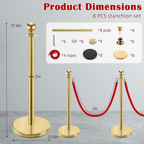 مجموعة من 8 قطع من الدعامات والحبال المخملية، عمود من الفولاذ المقاوم للصدأ مع 4 حبال مخملية حمراء، حواجز للتحكم في الحشود، أعمدة عداء السجاد الأحمر للحفلات، الزفاف، طابور الانتظار in Kuwait