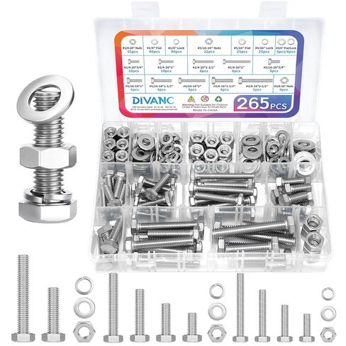 مجموعة متنوعة من البراغي والصواميل السداسية 265 قطعة، 1/4-20، 5/16-18، 3/8-16 براغي وصواميل سداسية متنوعة، مجموعة غسالات مسطحة وقفل، 304 مجموعة براغي من الفولاذ المقاوم للصدأ (مجموعة براغي سداسية وصواميل فضية) in Kuwait