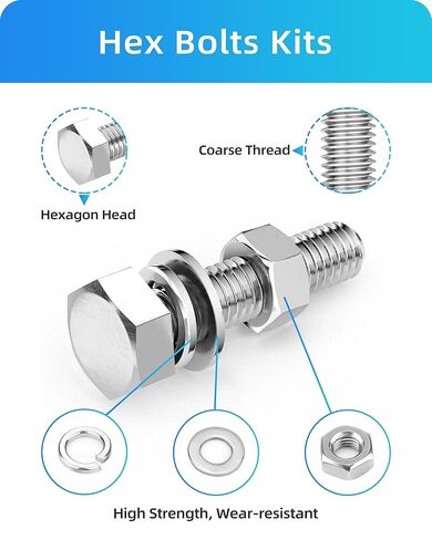 مجموعة متنوعة من البراغي والصواميل السداسية 265 قطعة، 1/4-20، 5/16-18، 3/8-16 براغي وصواميل سداسية متنوعة، مجموعة غسالات مسطحة وقفل، 304 مجموعة براغي من الفولاذ المقاوم للصدأ (مجموعة براغي سداسية وصواميل فضية) in Kuwait
