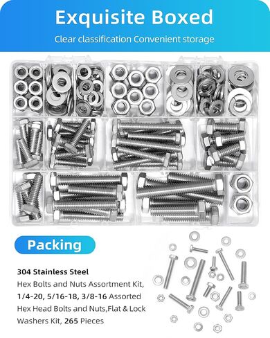مجموعة متنوعة من البراغي والصواميل السداسية 265 قطعة، 1/4-20، 5/16-18، 3/8-16 براغي وصواميل سداسية متنوعة، مجموعة غسالات مسطحة وقفل، 304 مجموعة براغي من الفولاذ المقاوم للصدأ (مجموعة براغي سداسية وصواميل فضية) in Kuwait