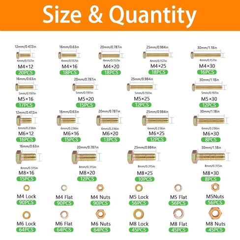 مجموعة متنوعة من البراغي المترية 1020 قطعة من الدرجة 8.8 - M4 M5 M6 M8 مسامير وصواميل سداسية شديدة التحمل مع غسالات، مطلية بالزنك الأصفر (12-30 مم)، أجهزة السيارات/الأثاث، مثبتات مترية متنوعة للأعمال اليدوية والإصلاح in Kuwait