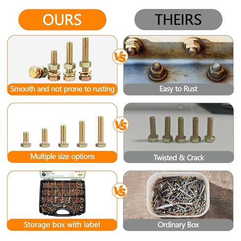 مجموعة متنوعة من البراغي المترية 1020 قطعة من الدرجة 8.8 - M4 M5 M6 M8 مسامير وصواميل سداسية شديدة التحمل مع غسالات، مطلية بالزنك الأصفر (12-30 مم)، أجهزة السيارات/الأثاث، مثبتات مترية متنوعة للأعمال اليدوية والإصلاح in Kuwait