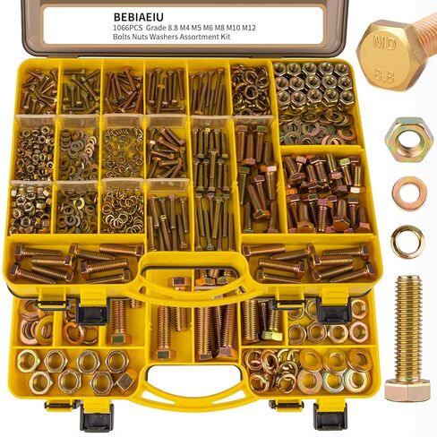 1066pcs Metric Bolt Assortment – 8.8 Grade, M4 M5 M6 M8 M10 M12 Heavy Duty Hex Bolts and Nuts Kit, Yellow Zinc Plating for Outdoor, Durable Storage Case, Ideal for DIY, Automotive, Length: 12-40mm in Saudi Arabia