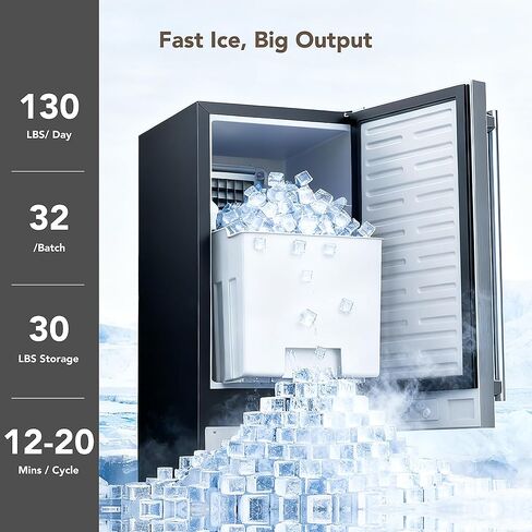 Coolski Under Counter Ice Maker Machine 130LBS/24H, Stainless Steel Built-in Freestanding Ice Maker with 30 Storage, Ideal for Commercial & Home Use in Kuwait