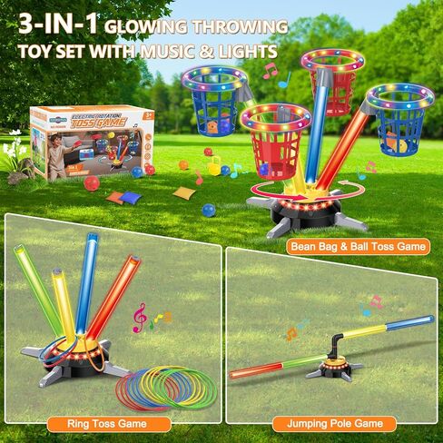 TERRAMUS 3 in 1 Bean Bag Ring Toss Game for Kids, Rechargeable Musical Jumping Games w/LED Light & Remote, Electric Spinning Base, Sandbags, Rings, Carnival Indoor Outdoor Sport Toy for 3+ Boys Girls in Kuwait