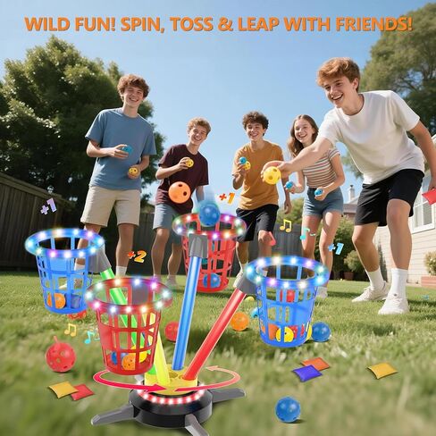 TERRAMUS 3 in 1 Bean Bag Ring Toss Game for Kids, Rechargeable Musical Jumping Games w/LED Light & Remote, Electric Spinning Base, Sandbags, Rings, Carnival Indoor Outdoor Sport Toy for 3+ Boys Girls in Kuwait