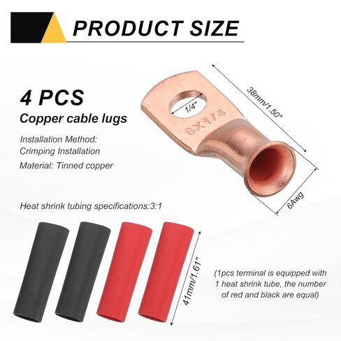 Generic 4pcs 6 AWG M6 Battery Lugs Ring Terminals, 1/4" 6mm Stud Crimp Wire Terminal Connector End Copper, 3:1 Heat Shrink Tubing, Gold in Saudi Arabia