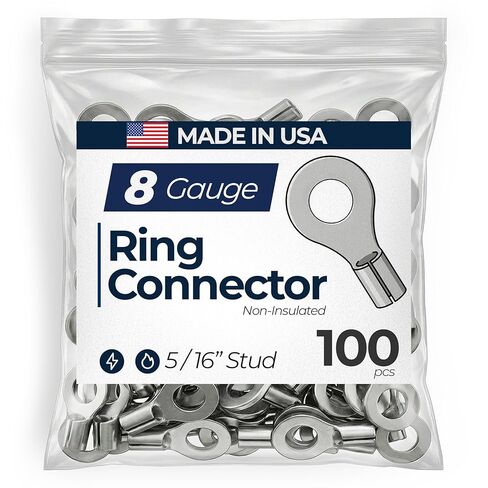 Sherco-Auto 100 Pcs Non-Insulated 8 AWG Gauge Ring Connector - 5/16" Stud Wire Terminal - Pure Copper & V-Grooves Serrations for Strong Crimps & Corrosion Resistance - Made in USA in Saudi Arabia