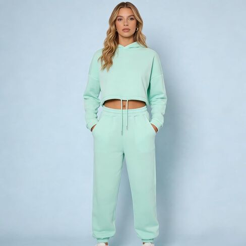 Women's 2 Piece Oversized Cropped Hoodie Set Drawstring Waist Jogger Pants Casual Loungewear Matching Outfit Soft in Saudi Arabia