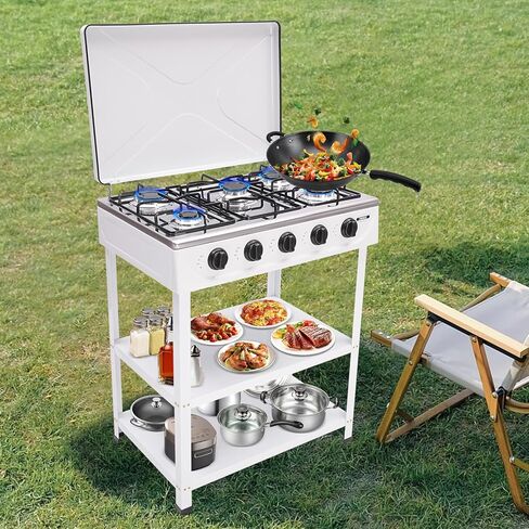 4 موقد غاز موقد محمول موقد في الهواء الطلق مع حامل تخزين قابل للإزالة ، طباخ غاز بروبان من الفولاذ المقاوم للصدأ الشاق مع تغطية لتخييم النزهة منزل RV (بدون خرطوم) in Kuwait