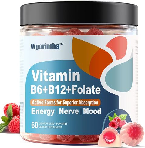 Methylated Vitamin B6, B12 & Folate Gummies, Vitamin B6 Supplement with Methylated B12& L-Methylfolate for Energy, Brain & Nerve, Sugar Free, Vegan, 60 Gummies. in Saudi Arabia