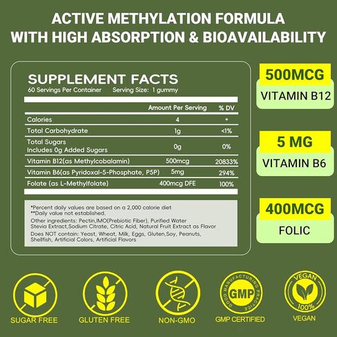 Methylated Vitamin B6, B12 & Folate Gummies, Vitamin B6 Supplement with Methylated B12& L-Methylfolate for Energy, Brain & Nerve, Sugar Free, Vegan, 60 Gummies. in Saudi Arabia