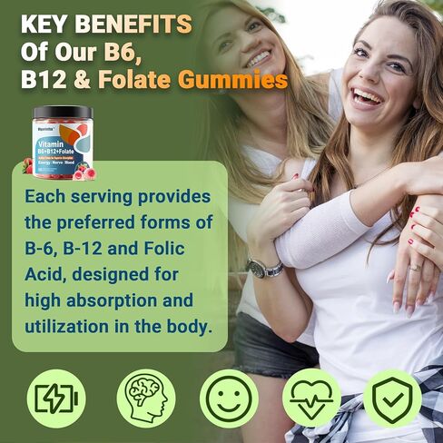 Methylated Vitamin B6, B12 & Folate Gummies, Vitamin B6 Supplement with Methylated B12& L-Methylfolate for Energy, Brain & Nerve, Sugar Free, Vegan, 60 Gummies. in Saudi Arabia