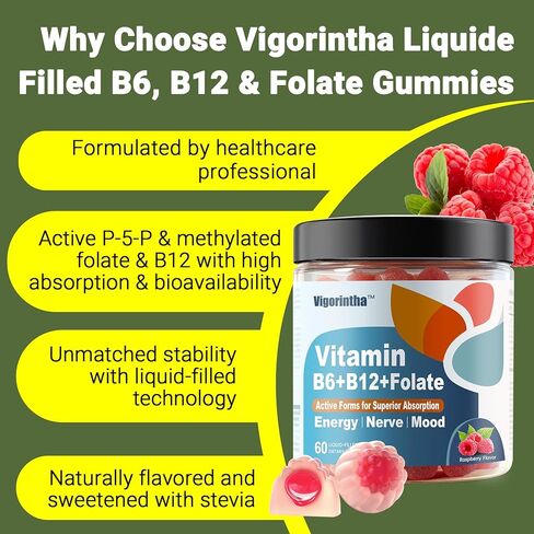 Methylated Vitamin B6, B12 & Folate Gummies, Vitamin B6 Supplement with Methylated B12& L-Methylfolate for Energy, Brain & Nerve, Sugar Free, Vegan, 60 Gummies. in Saudi Arabia