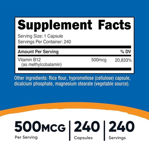 Nutricost Vitamin B12 Supplement (500mcg) 240 Capsules - Methylcobalamin, Vegan, GMO-Free, Gluten-Free in Saudi Arabia