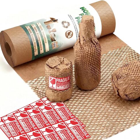 ورق تغليف ذكي وكاجوال على شكل قرص العسل مقاس 12 بوصة عرض × 180 بوصة طول، غلاف مبطن للفقاعات لتعبئة المنتجات المتحركة، ورق تغليف الهدايا، مواد تعبئة الشحن القابلة لإعادة التدوير والتحلل البيولوجي (20 ملصقًا هشًا) in Kuwait