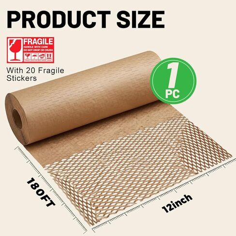ورق تغليف ذكي وكاجوال على شكل قرص العسل مقاس 12 بوصة عرض × 180 بوصة طول، غلاف مبطن للفقاعات لتعبئة المنتجات المتحركة، ورق تغليف الهدايا، مواد تعبئة الشحن القابلة لإعادة التدوير والتحلل البيولوجي (20 ملصقًا هشًا) in Kuwait