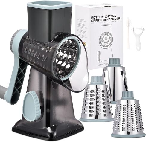 Rotary Cheese Grater with Handle Kitchen Shredder Slicer Grater Slicer Ice Shaver Cheese Vegetable Nuts Potato Zucchini Chocolate 3 Interchangeable Blades (GreyBlue in Saudi Arabia