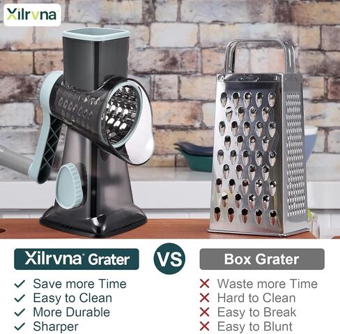 Rotary Cheese Grater with Handle Kitchen Shredder Slicer Grater Slicer Ice Shaver Cheese Vegetable Nuts Potato Zucchini Chocolate 3 Interchangeable Blades (GreyBlue in Saudi Arabia