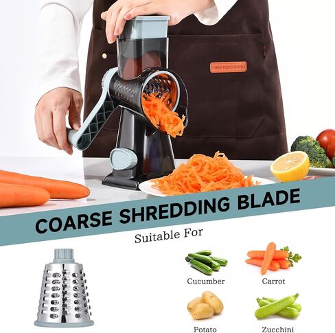 Rotary Cheese Grater with Handle Kitchen Shredder Slicer Grater Slicer Ice Shaver Cheese Vegetable Nuts Potato Zucchini Chocolate 3 Interchangeable Blades (GreyBlue in Saudi Arabia
