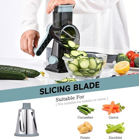 Rotary Cheese Grater with Handle Kitchen Shredder Slicer Grater Slicer Ice Shaver Cheese Vegetable Nuts Potato Zucchini Chocolate 3 Interchangeable Blades (GreyBlue in Saudi Arabia