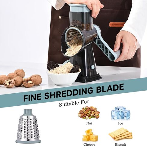 Rotary Cheese Grater with Handle Kitchen Shredder Slicer Grater Slicer Ice Shaver Cheese Vegetable Nuts Potato Zucchini Chocolate 3 Interchangeable Blades (GreyBlue in Saudi Arabia