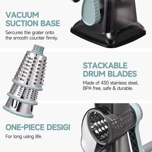 Rotary Cheese Grater with Handle Kitchen Shredder Slicer Grater Slicer Ice Shaver Cheese Vegetable Nuts Potato Zucchini Chocolate 3 Interchangeable Blades (GreyBlue in Saudi Arabia