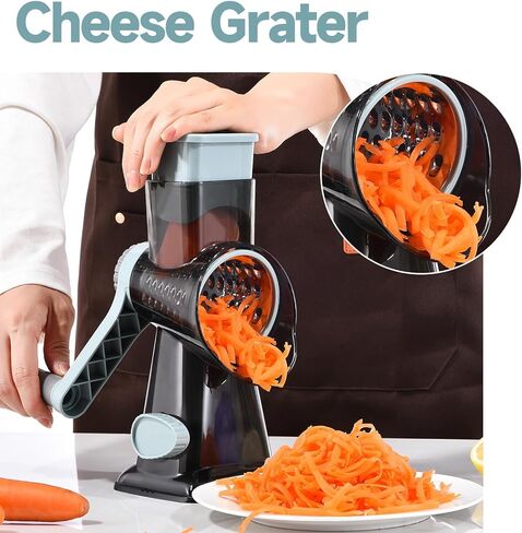 Rotary Cheese Grater with Handle Kitchen Shredder Slicer Grater Slicer Ice Shaver Cheese Vegetable Nuts Potato Zucchini Chocolate 3 Interchangeable Blades (GreyBlue in Saudi Arabia