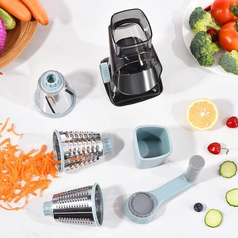 Rotary Cheese Grater with Handle Kitchen Shredder Slicer Grater Slicer Ice Shaver Cheese Vegetable Nuts Potato Zucchini Chocolate 3 Interchangeable Blades (GreyBlue in Saudi Arabia
