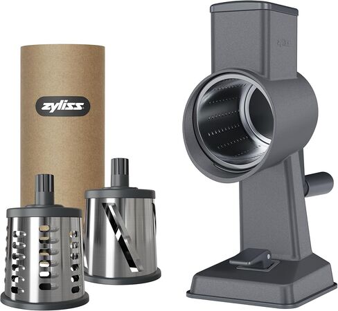 مبشرة الجبن الدوارة من زيليس، الألومنيوم، 3 شفرات طبلة فولاذية، الجبن، الخضار، الشوكولاتة، الجوز، مبشرة الفاكهة بمقبض، قدم شفط غير قابلة للانزلاق ومشبك طاولة، ضمان لمدة 5 سنوات in Kuwait