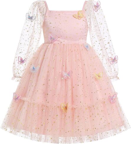 Kids Girls Birthday Party Long Sleeve Star Glitters Tulle Tutu Dress 3D Butterfly Star Sequins Ruffle Dress in Saudi Arabia