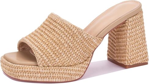 Raffia Platform Heels for Women – Chunky Block Heel Wedge Sandals, Open Square Toe Slip On Summer Beach Vacation Sandals in Kuwait