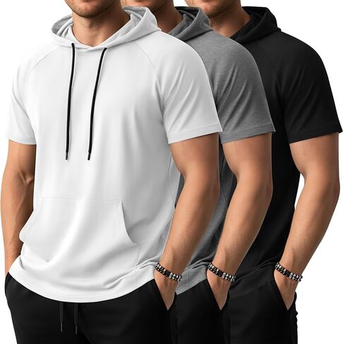 August Alley 3 Pack رجالي كبير وطويل القامة هوديي قصير الأكمام قمصان رياضية عادية تجريب البلوز البلوز مع جيب in Saudi Arabia