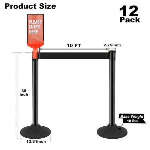 12 Pack Crowd Control Barriers Stanchions with 10 ft Retractable Belts - Heavy-Duty Base Stanchions for Queue Management in Airports, Theaters, Hotels, and Retail Stores(Black, 12 Pack) in Kuwait