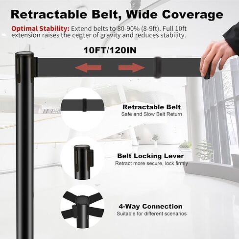 12 Pack Crowd Control Barriers Stanchions with 10 ft Retractable Belts - Heavy-Duty Base Stanchions for Queue Management in Airports, Theaters, Hotels, and Retail Stores(Black, 12 Pack) in Kuwait