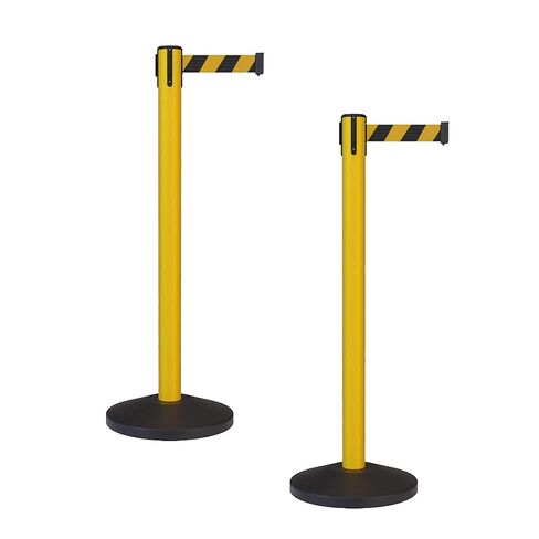 Crowd Control Warehouse - CCW Set of 2 Safety Retractable Belt Barrier Stanchion, Sloped Base, Yellow Post, RBB-100-11 ft Belt, Black and Yellow Diagonal Belt in Saudi Arabia