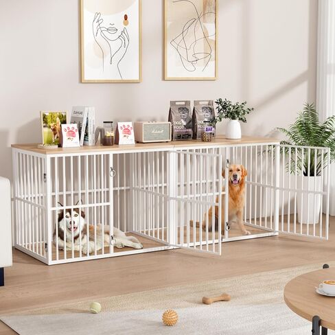 VOWNER 86.7" Double Dog Crate Furniture for 2 Large Dogs, Heavy Duty Wooden Dog Kennel with Removable Divider, XXL Dog Cage TV Stand End Table with 4 Doors, Double Locks for Each Door, Rustic Brown in Kuwait