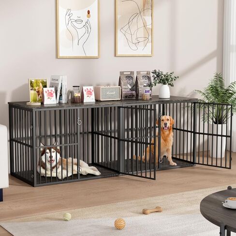 VOWNER 86.7" Double Dog Crate Furniture for 2 Large Dogs, Heavy Duty Wooden Dog Kennel with Removable Divider, XXL Dog Cage TV Stand End Table with 4 Doors, Double Locks for Each Door, Rustic Brown in Kuwait