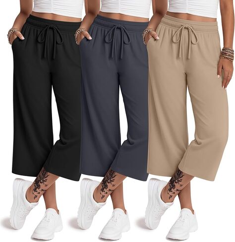 3 Pack Womens Capri Pants Loose Yoga Cropped Pants Elastic Waist Wide Leg Lounge Capris Sweatpants with Pockets in Saudi Arabia
