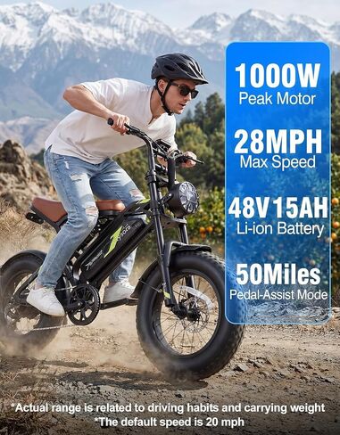 1000W Electric Bike for Adults,48V 15.6Ah e Bikes for Adults Electric,28MPH Top Speed,24-50 Mile Range,16"x4" Fat Tire Ebikes,Double Shock Absorber,Dual Disc Brakes,UL TUV Certified in Saudi Arabia