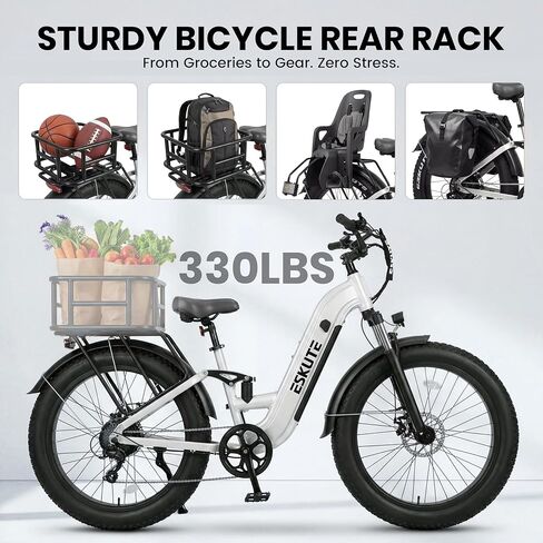 ESKUTE Electric Bike for Adults - 48V20.8Ah 80 Miles Battery Commuter, Peak 1500W Brushless Motor, 32MPH, 26x4.0 Fat Tire Step-Thru Cityrun Ebike, 8-Speed, Full Suspensions E-Bike in Saudi Arabia