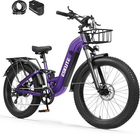 ESKUTE Electric Bike for Adults - 48V20.8Ah 80 Miles Battery Commuter, Peak 1500W Brushless Motor, 32MPH, 26x4.0 Fat Tire Step-Thru Cityrun Ebike, 8-Speed, Full Suspensions E-Bike in Saudi Arabia