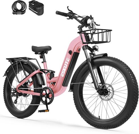ESKUTE Electric Bike for Adults - 48V20.8Ah 80 Miles Battery Commuter, Peak 1500W Brushless Motor, 32MPH, 26x4.0 Fat Tire Step-Thru Cityrun Ebike, 8-Speed, Full Suspensions E-Bike in Saudi Arabia