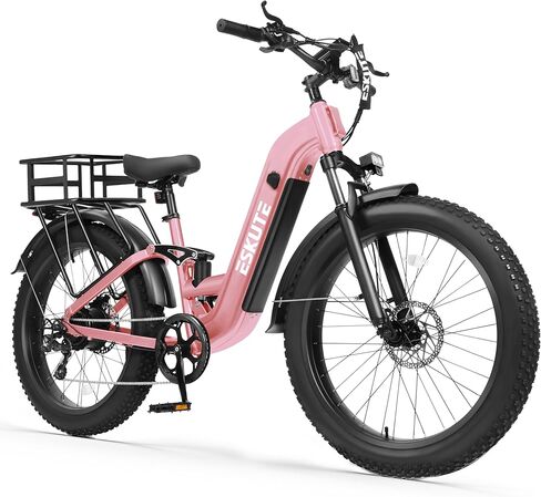 ESKUTE Electric Bike for Adults - 48V20.8Ah 80 Miles Battery Commuter, Peak 1500W Brushless Motor, 32MPH, 26x4.0 Fat Tire Step-Thru Cityrun Ebike, 8-Speed, Full Suspensions E-Bike in Saudi Arabia